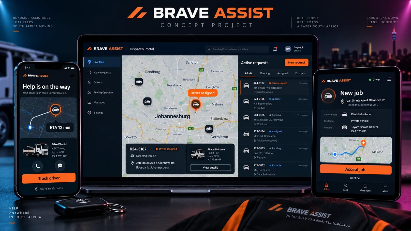 Roadside assistance platform across customer, driver and dispatch devices.