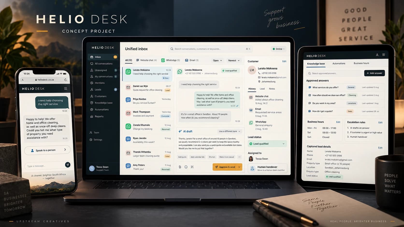 AI-assisted customer support platform across desktop, mobile and tablet.