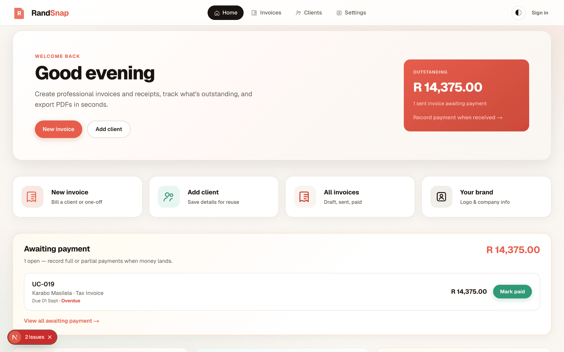 RandSnap invoicing dashboard.
