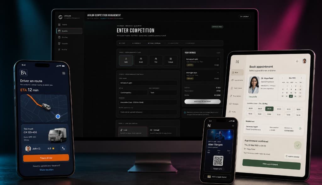 Digital products on phone, desktop and tablet: a roadside tracking app, a competition portal, a booking system and a ticket pass.