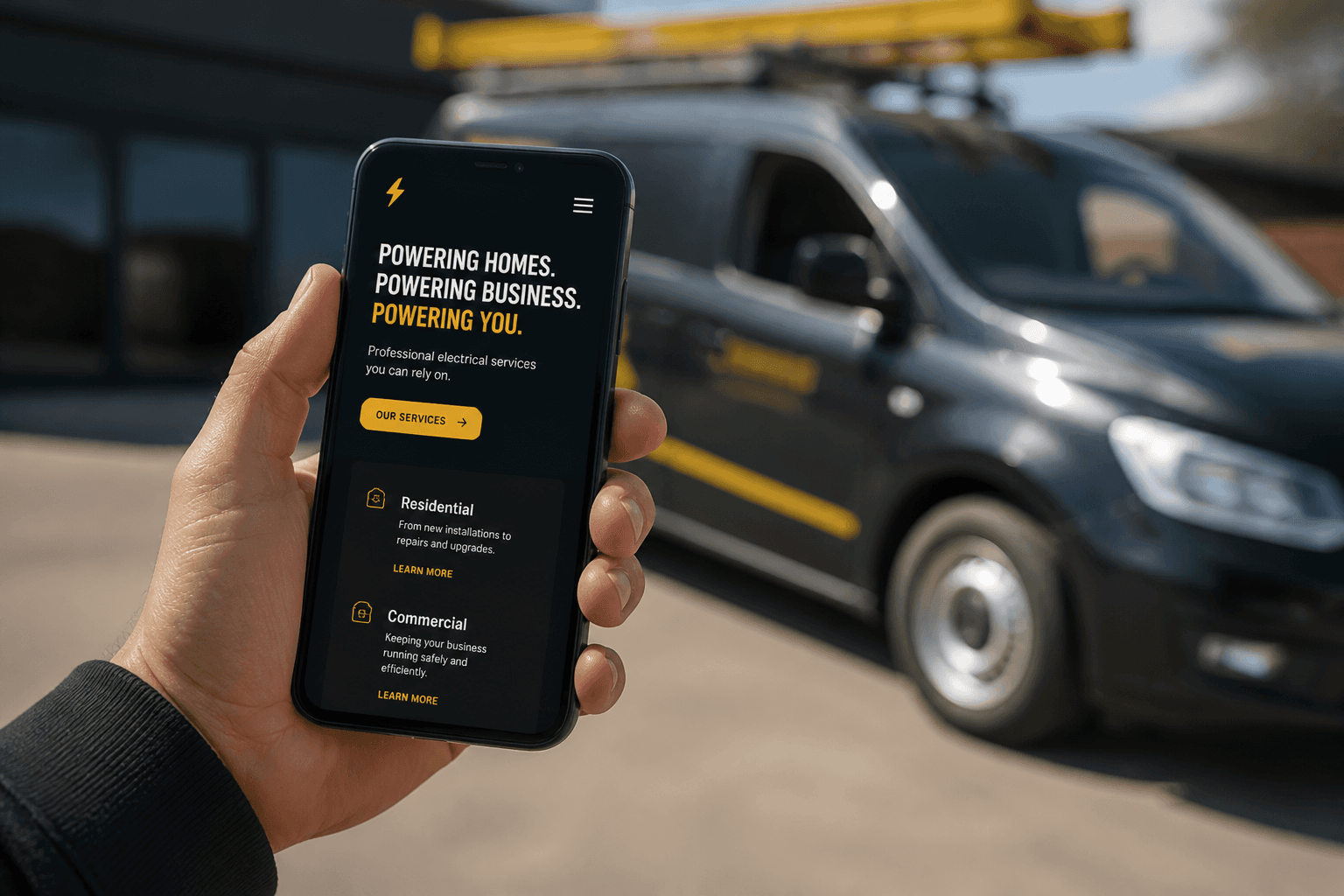 Trades website beside a work van — visual for the JJ Electrical Services case study.