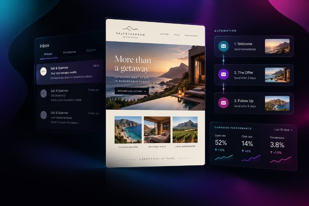 An inbox, a branded email on a tablet, and an automation sequence with campaign metrics.