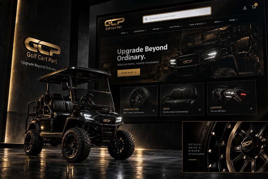 GCP Golf Cart Part — a cart in a showroom in front of the online store.
