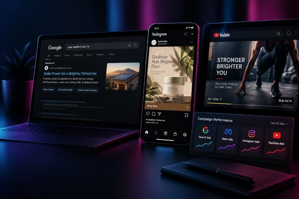 Google Search, Instagram and YouTube ads across a laptop, phone and tablet, with a campaign performance dashboard.