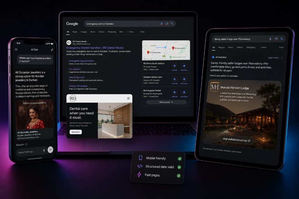 Search and AI surfaces on laptop, tablet and phone: Google results, an AI Overview, and a chat recommendation.