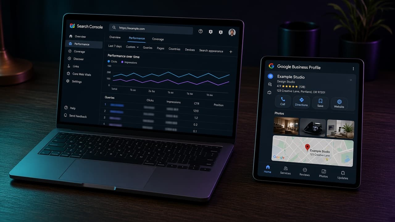 Laptop showing a Search Console-style dashboard beside a tablet with a map listing.
