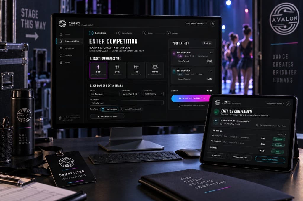 Avalon entry portal on a desktop, with a tablet confirming the submitted entries.