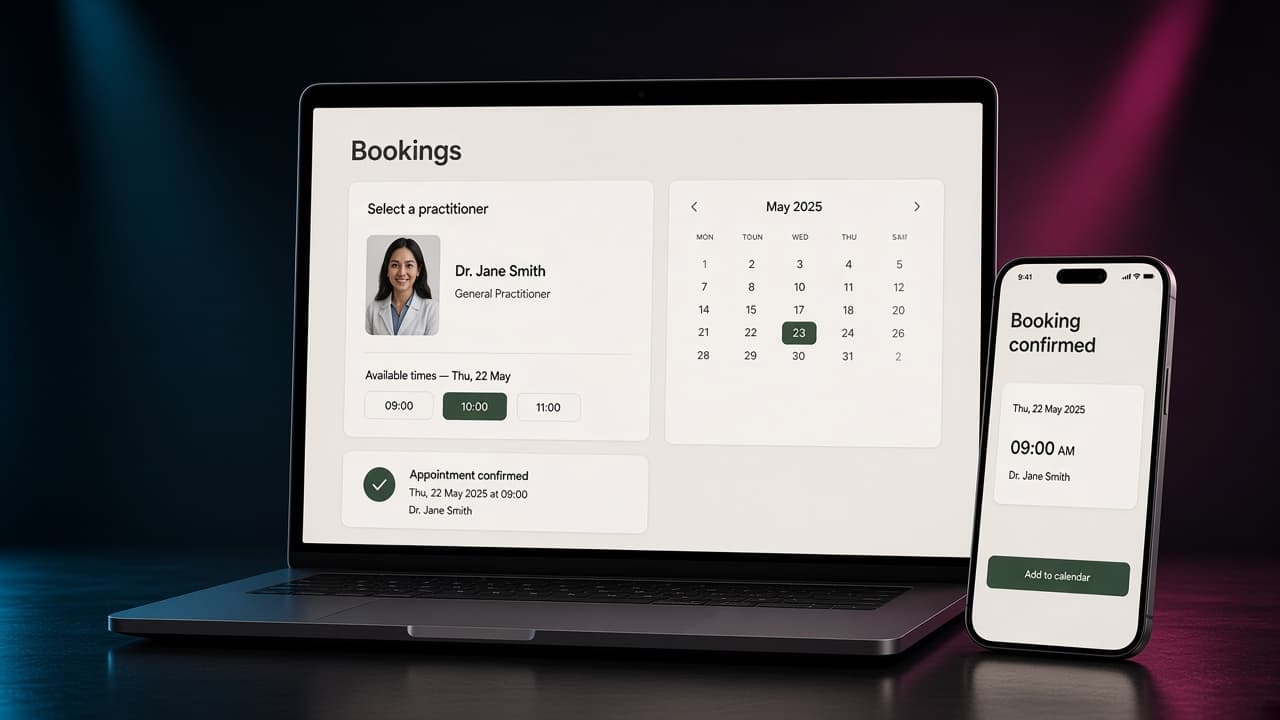 Laptop showing a booking calendar beside a phone with an appointment confirmation, in a dark studio.