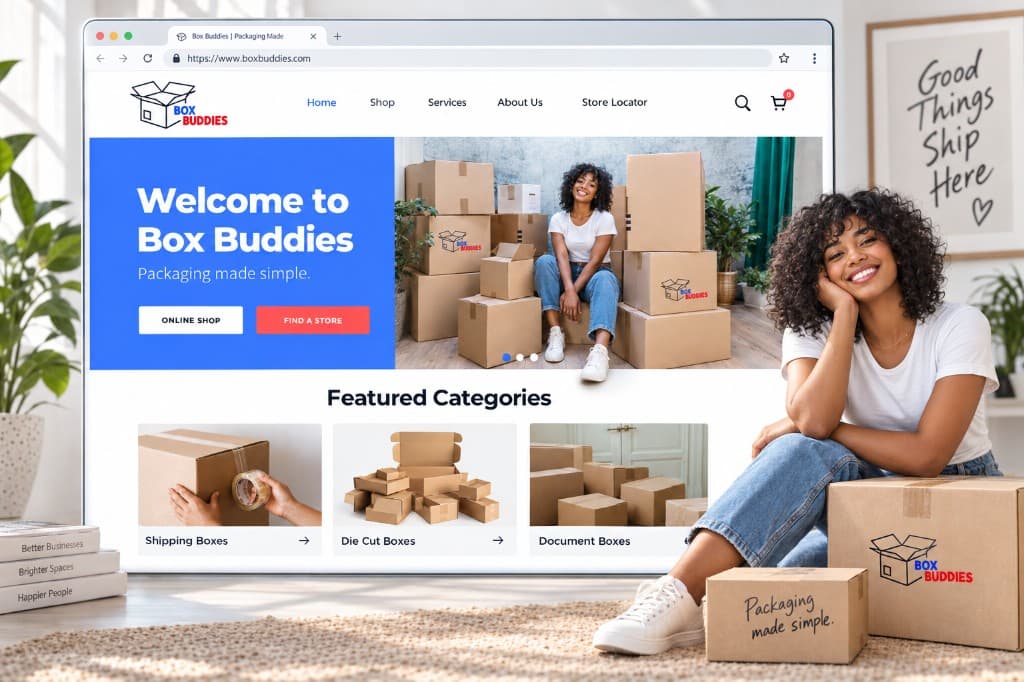Box Buddies website on a large screen, with branded boxes in the room.