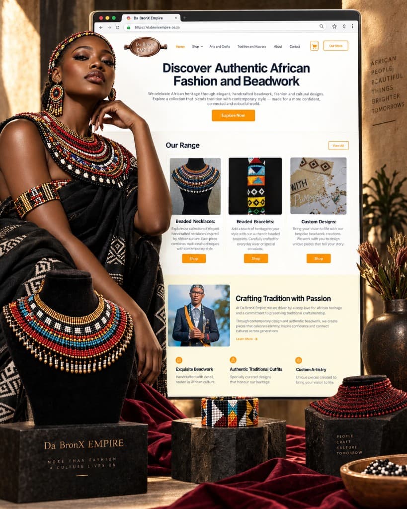 Da Bronx Empire website with beadwork and African fashion in the foreground.