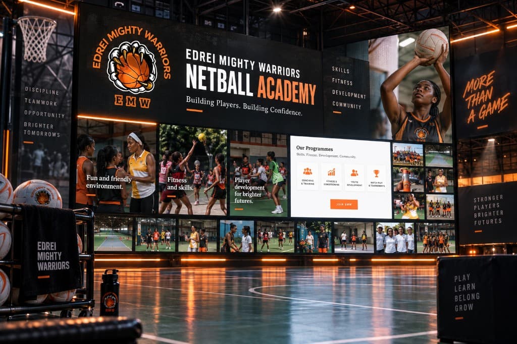Edrei Mighty Warriors website on a netball court screen.