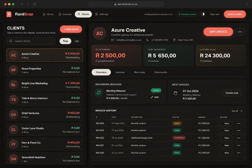 RandSnap clients view with outstanding balances, retainers and invoice history.