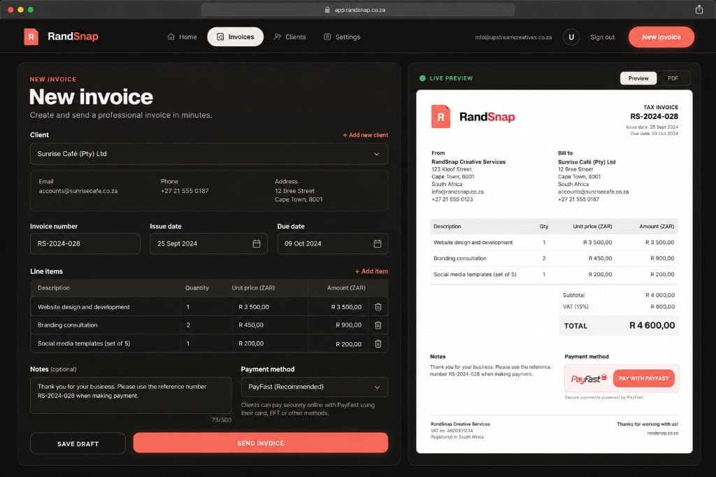 RandSnap new invoice screen with a live tax-invoice preview.