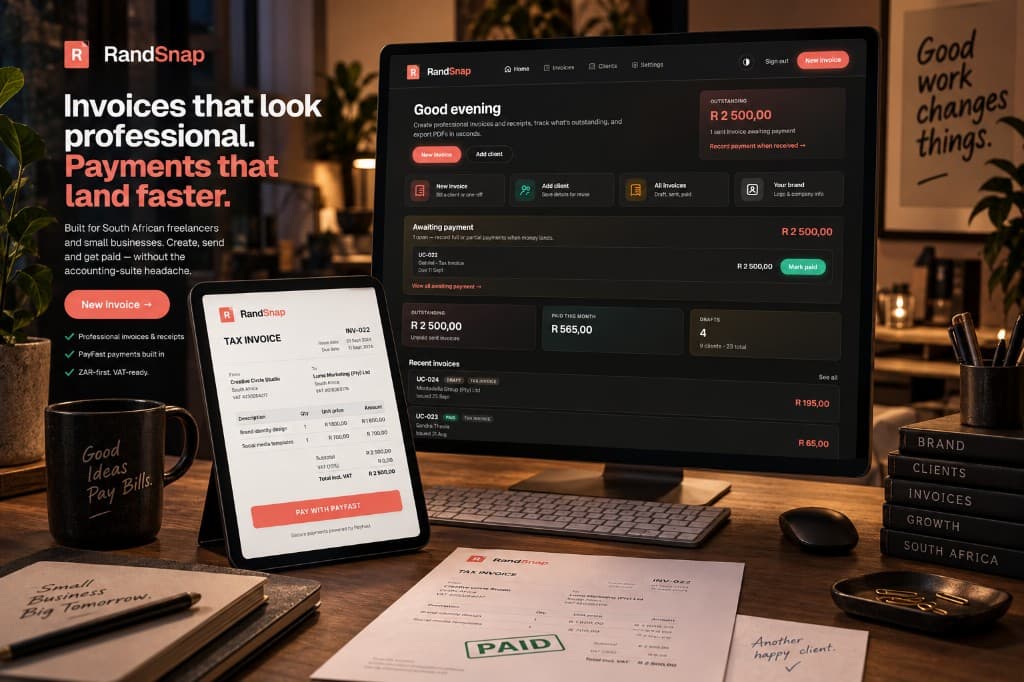 RandSnap invoicing on a desktop and tablet, with a printed tax invoice on the desk.