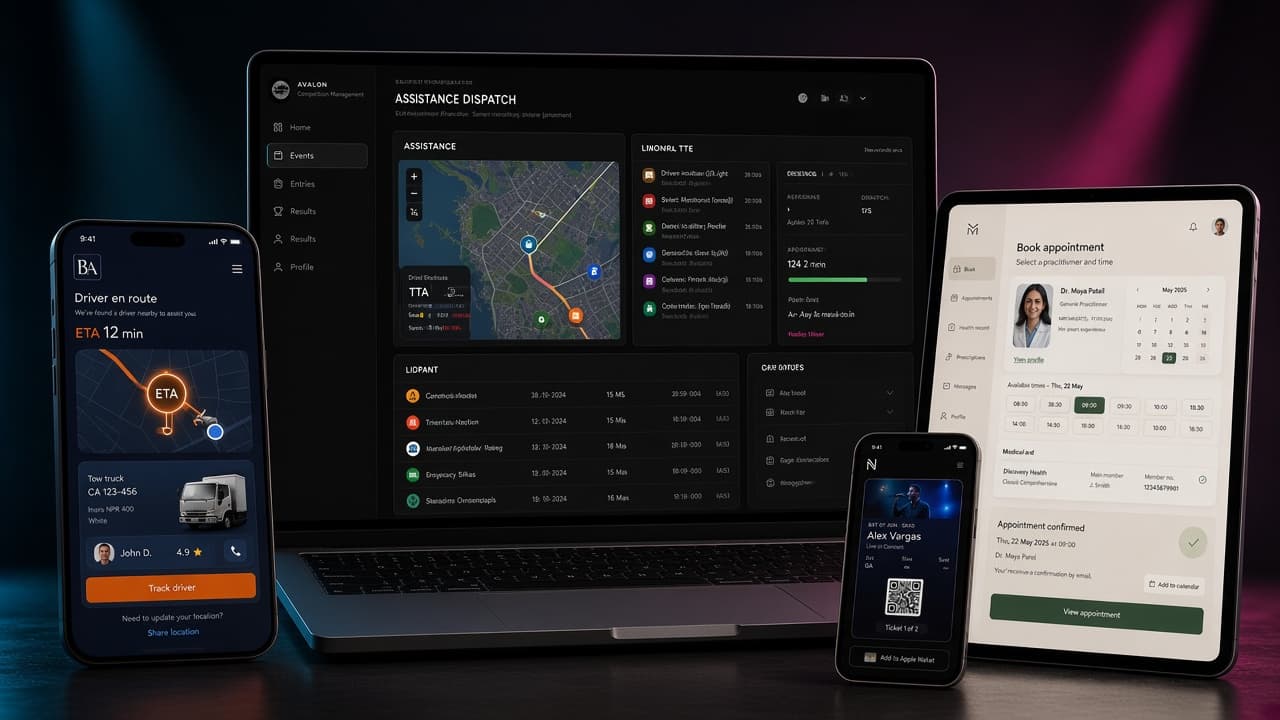 Laptop dispatch dashboard with a live map and a phone tracking a tow truck, in a dark studio.