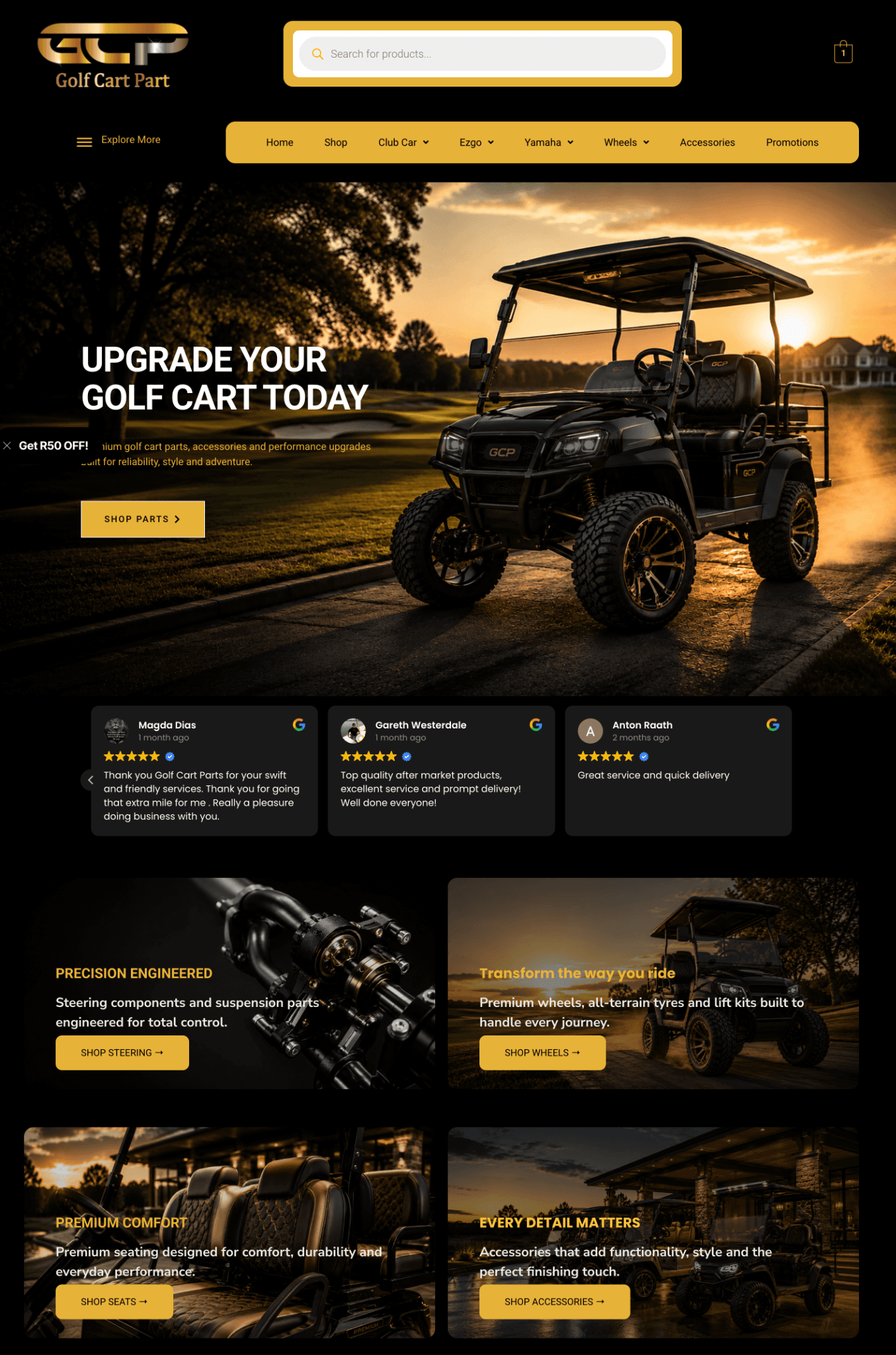 Golf Cart Part e-commerce homepage in a browser.